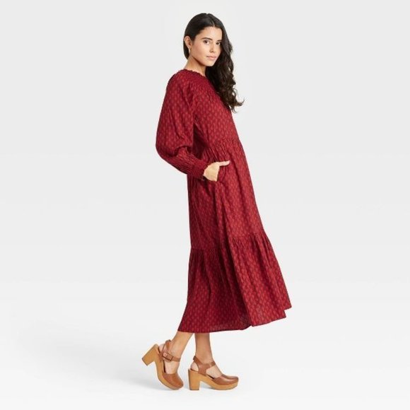 Universal Thread Womens M Red Tiered Dress Balloon Long Sleeve Smocked Neck Maxi - Picture 5 of 10